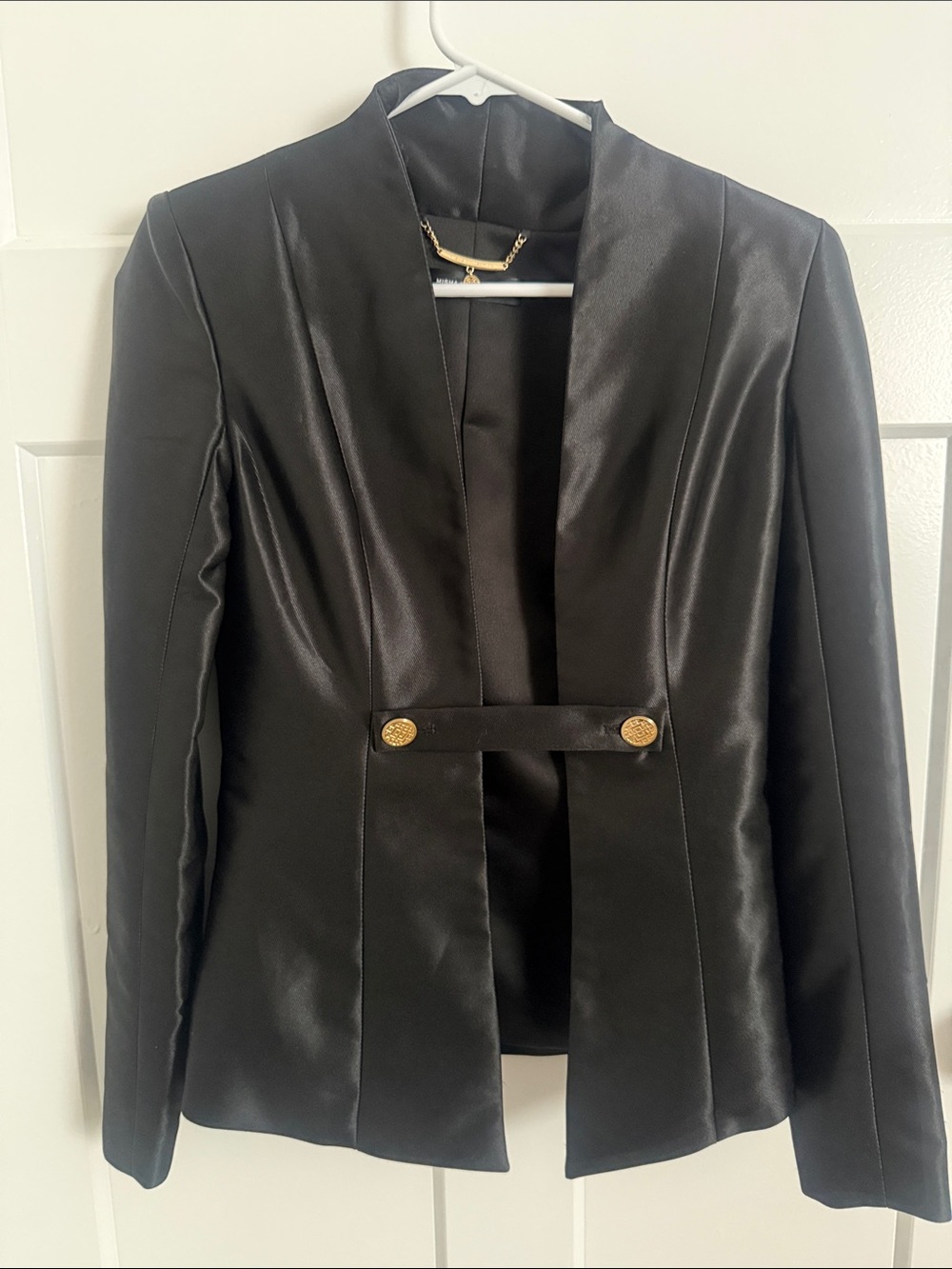 Black Women's Satin Open-Front Blazer with Gold Buttons
